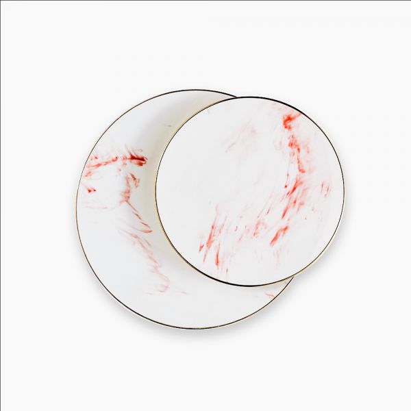 Rosa / Porcelain ( Red Marble + Gold Line Coup Dinnerware Set, 46 Pieces )