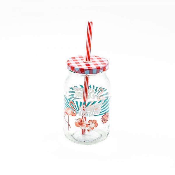 Cerve/Glass ( Fun Sun Flaminco Jar with lid + straw 450 ml )