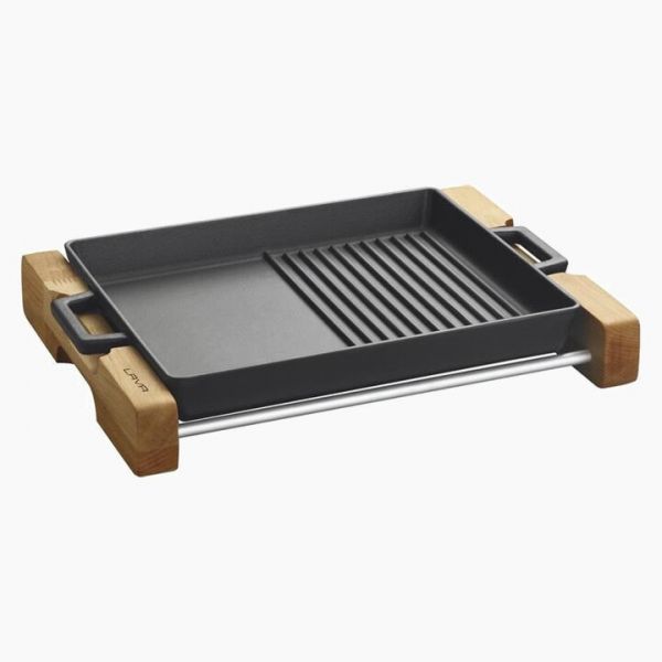Griddle/Grill Duo Pan, integral metal handles and wooden service stand  26x32 cm