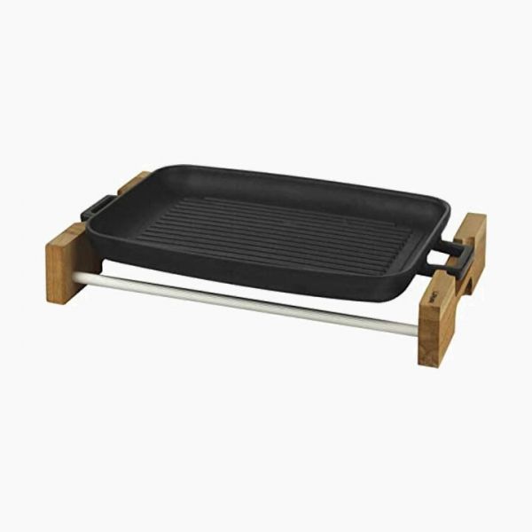 Grill Plate/Dish, integral with metal handles and wooden stand. Dimension 31x42cm. 