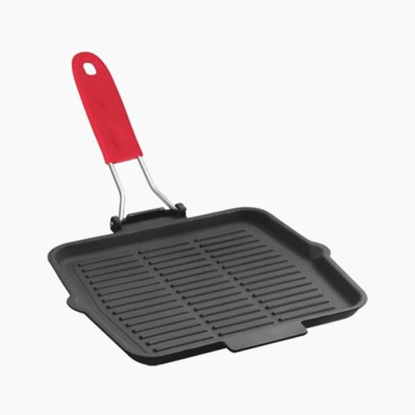 Grill Pan 24 x 24 cm with wire handle red silicon