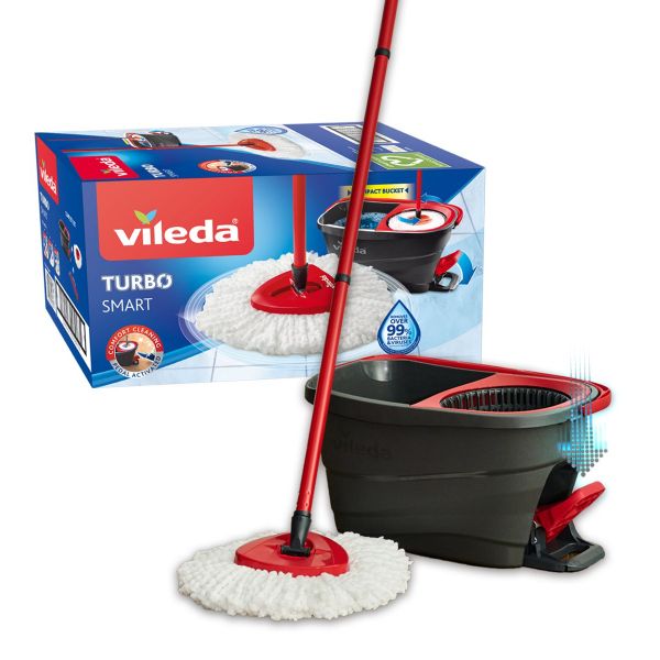 Vileda Turbo Smart spin mop & bucket set with foot pedal | Vileda |3-Piece Handle 120 cm |Floor mop with spinning wringer| Turbo Refill 100% Microfibre mop head